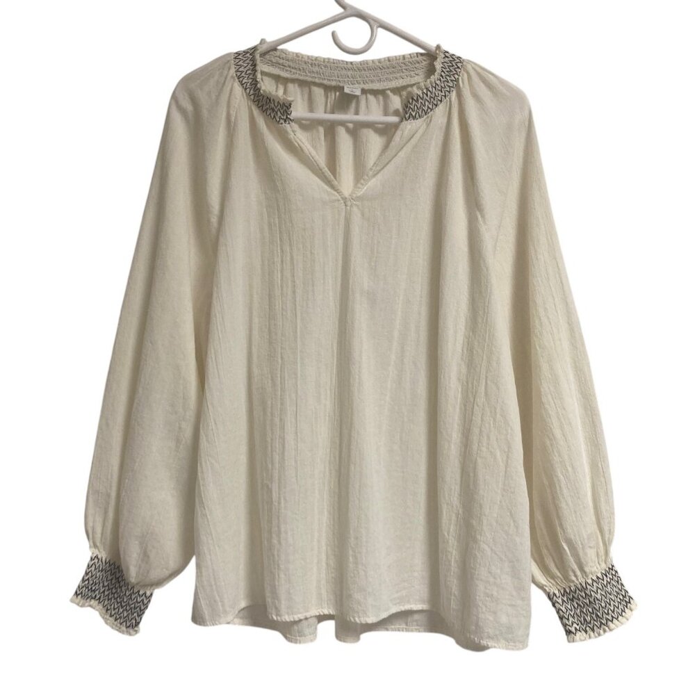 Women's OLD NAVY Long Sleeve Cotton Top with Contrast Stitch Smocking Large